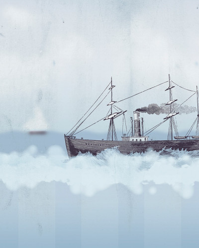 Blury Sea - Ideea Murală: Imagine cu un mural cu un design nautic, ilustrând o ambarcațiune cu vele pe o mare albastră