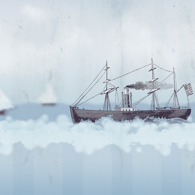 Blury Sea - Ideea Murală: Imagine cu un mural cu un design nautic, ilustrând o ambarcațiune cu vele pe o mare albastră