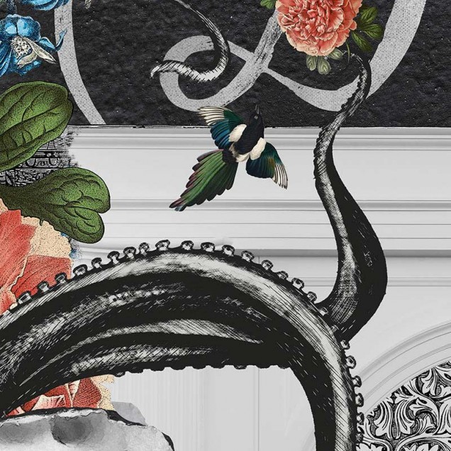 Idee murală contemporană cu un design unic, care combină elemente clasice cu un stil modern. Imaginea prezintă un bust de marmură, acoperit de un tentacul de caracatiță și flori.