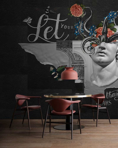 Idee murală contemporană cu un design unic, care combină elemente clasice cu un stil modern. Imaginea prezintă un bust de marmură, acoperit de un tentacul de caracatiță și flori.