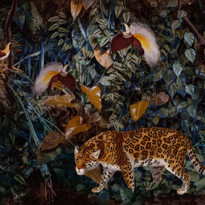 Tapet contemporan cu design unic, Wild at Heart, cu un jaguar in mijlocul junglei.