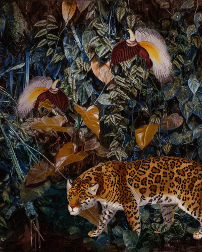 Tapet contemporan cu design unic, Wild at Heart, cu un jaguar in mijlocul junglei.