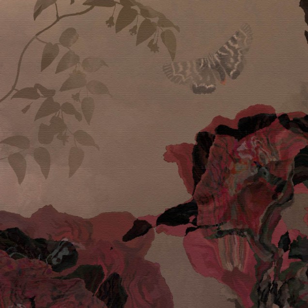 Wallpaper contemporan cu model floral abstract, in nuante de gri si violet.