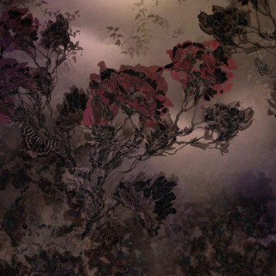 Wallpaper contemporan cu model floral abstract, in nuante de gri si violet.