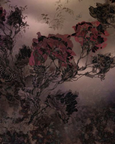 Wallpaper contemporan cu model floral abstract, in nuante de gri si violet.