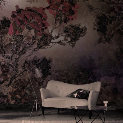 Wallpaper contemporan cu model floral abstract, in nuante de gri si violet.