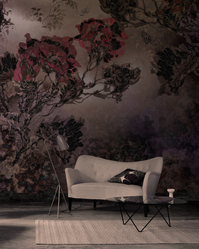 Wallpaper contemporan cu model floral abstract, in nuante de gri si violet.