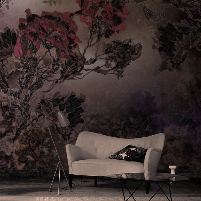 Wallpaper contemporan cu model floral abstract, in nuante de gri si violet.