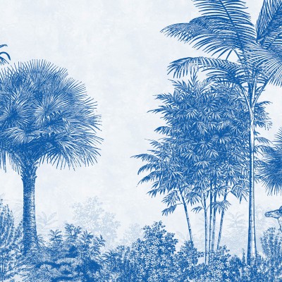 Palmetto - Tapet cu design contemporan, o imagine murală cu palmieri, vegetație luxuriantă și un animal exotic
