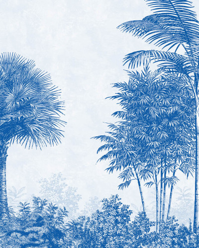 Palmetto - Tapet cu design contemporan, o imagine murală cu palmieri, vegetație luxuriantă și un animal exotic