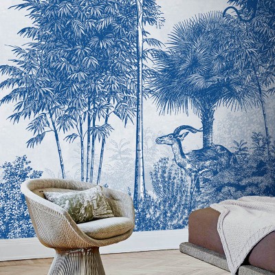 Palmetto - Tapet cu design contemporan, o imagine murală cu palmieri, vegetație luxuriantă și un animal exotic