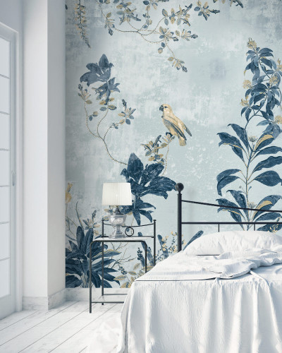 Tapet contemporan cu design minimalist, imagine cu un papagal galben pe un copac cu frunze albastre, tapet pentru perete