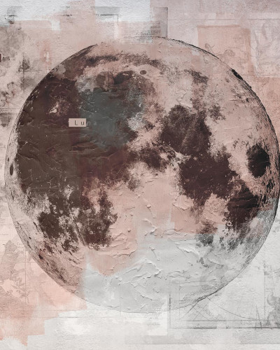 Tapet mural contemporan Lunar Phase - imaginea prezintă o Lună pe un fundal texturat cu elemente grafice ce sugerează constelații și astrologie