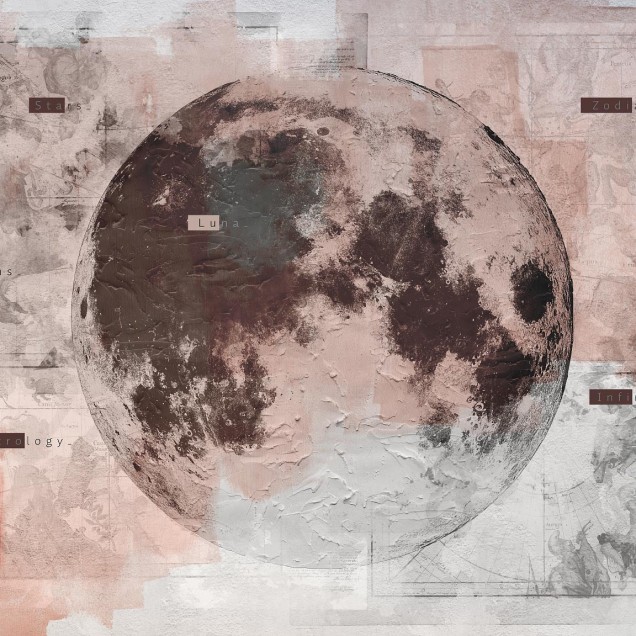 Tapet mural contemporan Lunar Phase - imaginea prezintă o Lună pe un fundal texturat cu elemente grafice ce sugerează constelații și astrologie