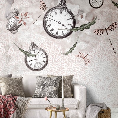 Tapet modern cu design floral și ceasuri vintage