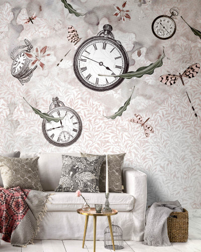 Tapet modern cu design floral și ceasuri vintage