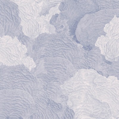 Tapet contemporan cu design abstract, care prezintă frunze în nuanțe delicate de albastru și gri. Tapetul este aplicat pe un perete din spatele unui canapea gri în formă de L.
