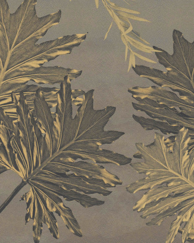 Murala de perete Siren Leaves, cu frunze aurii, intr-un dormitor modern