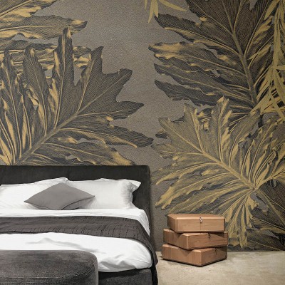 Murala de perete Siren Leaves, cu frunze aurii, intr-un dormitor modern