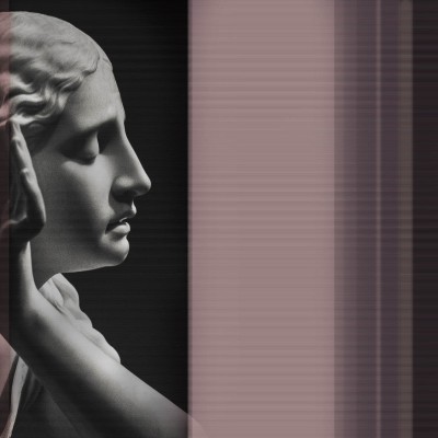 Wallpaper contemporan cu un design minimalist, cu imaginea unei statui antice feminine, în tonuri de gri.