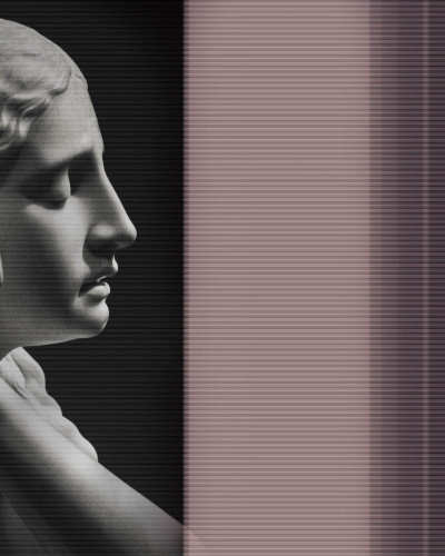 Wallpaper contemporan cu un design minimalist, cu imaginea unei statui antice feminine, în tonuri de gri.