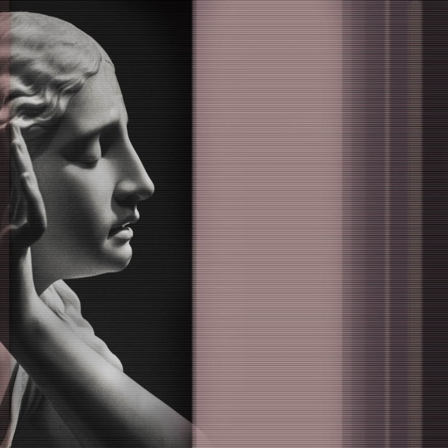 Wallpaper contemporan cu un design minimalist, cu imaginea unei statui antice feminine, în tonuri de gri.