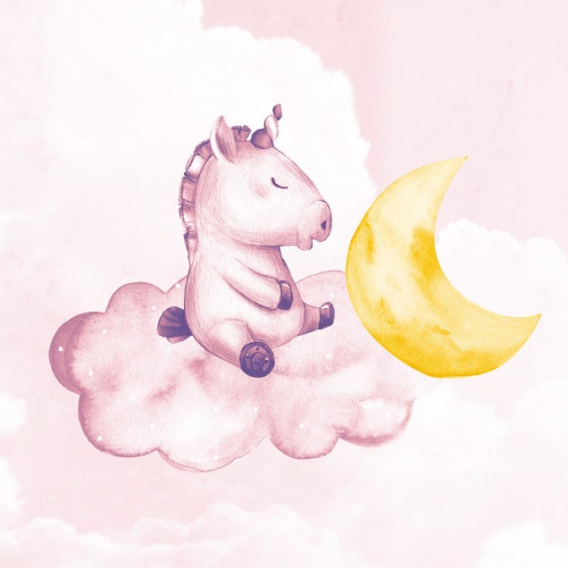 Imagine murală cu unicorni în nori, pe un cer roz