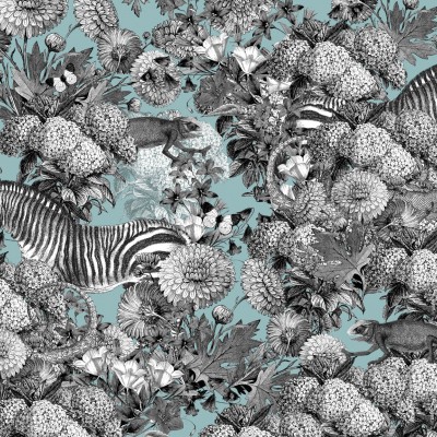 Wallpaper contemporan cu temă exotică, care ilustrează o zebră înconjurată de flori exotice.