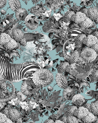 Wallpaper contemporan cu temă exotică, care ilustrează o zebră înconjurată de flori exotice.