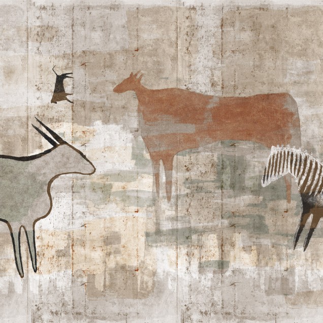 Tapet modern cu design inspirat din arta primitivă, ce prezintă o imagine cu animale