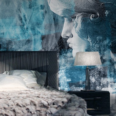 Tapet modern cu un design abstract cu o femeie in alb si bleumarin.