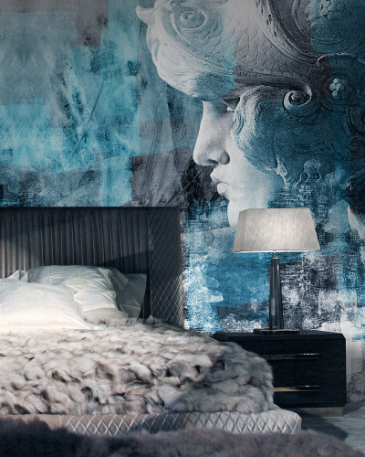 Tapet modern cu un design abstract cu o femeie in alb si bleumarin.