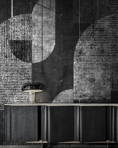 Fototapet contemporan cu design geometric minimalist, în nuanțe de gri închis și alb.