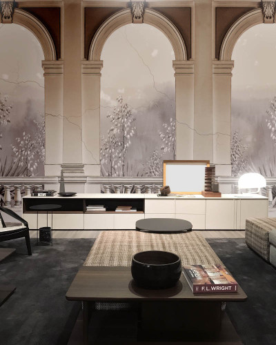Fototapet cu arce elegante și o perspectivă a unei grădini, potrivit pentru decorarea livingului, dormitorului sau holului.