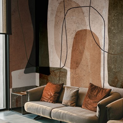 Tapet contemporan cu design abstract în nuanțe de maro și gri.