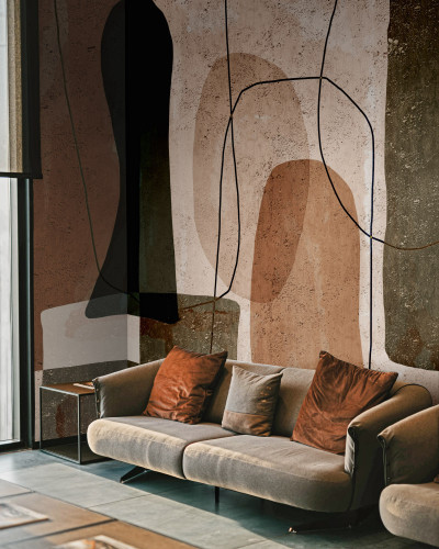 Tapet contemporan cu design abstract în nuanțe de maro și gri.