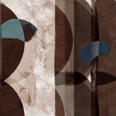 Tapet contemporan cu design abstract, cu cercuri suprapuse, linii curbe si texturi din beton, in nuante de gri, maro si albastru.
