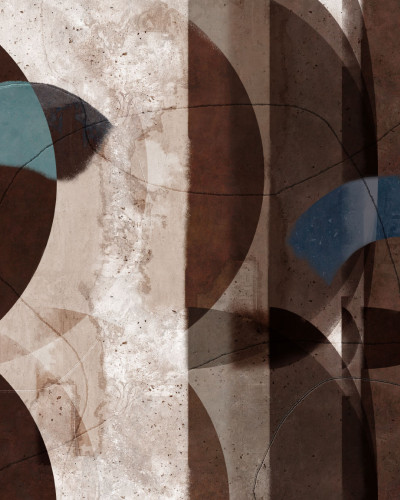 Tapet contemporan cu design abstract, cu cercuri suprapuse, linii curbe si texturi din beton, in nuante de gri, maro si albastru.