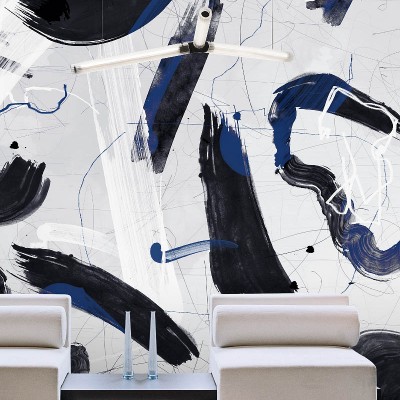 Wallpaper cu design abstract in culori albastru si negru, cu accente de alb pe un fond deschis
