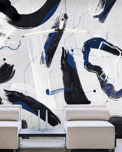 Wallpaper cu design abstract in culori albastru si negru, cu accente de alb pe un fond deschis