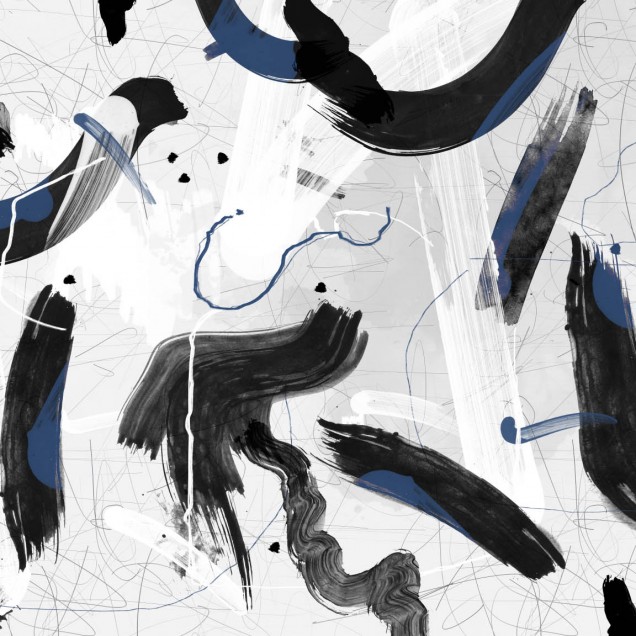 Wallpaper cu design abstract in culori albastru si negru, cu accente de alb pe un fond deschis