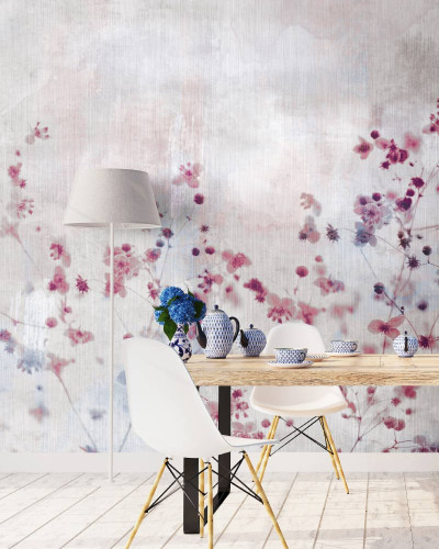 Wallpaper modern Bloom in Pink, cu flori roz și gri, ideal pentru dormitoare și livinguri.