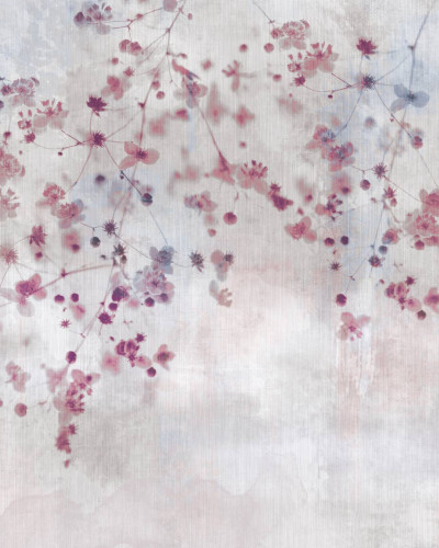 Wallpaper modern Bloom in Pink, cu flori roz și gri, ideal pentru dormitoare și livinguri.