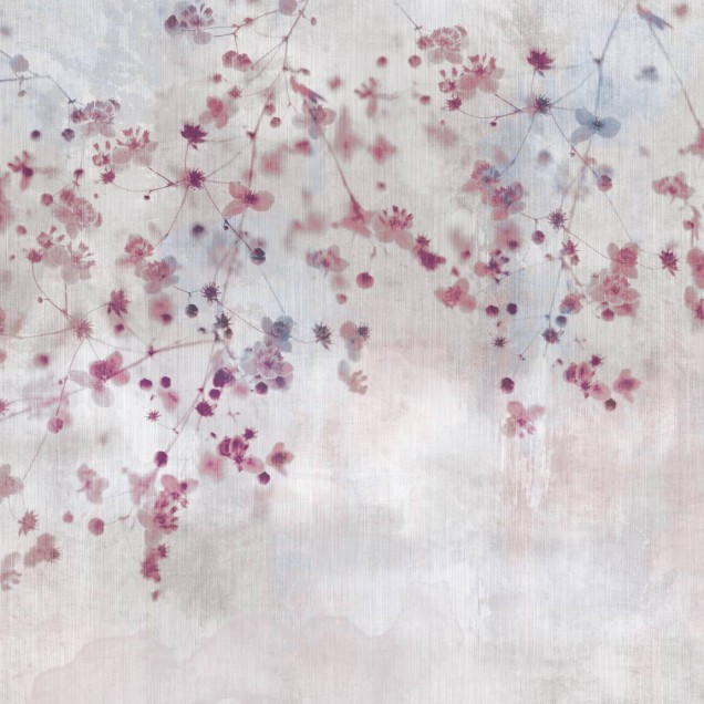 Wallpaper modern Bloom in Pink, cu flori roz și gri, ideal pentru dormitoare și livinguri.