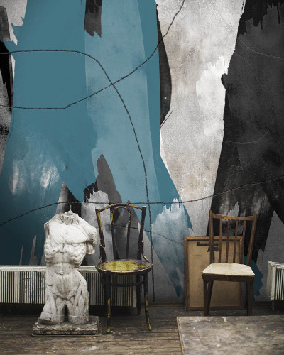 Tapet contemporan Idea Murale cu design abstract, in nuante de gri, negru si albastru