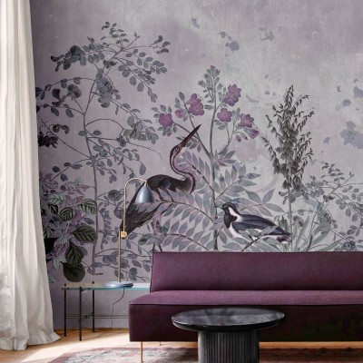 Tapet Il Vincitore, Idea Murale, cu un design floral și o pasăre într-o nuanță de mov pal