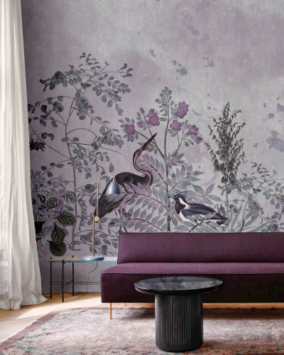 Tapet Il Vincitore, Idea Murale, cu un design floral și o pasăre într-o nuanță de mov pal