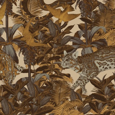 Tapet contemporan cu tematica exotica.  Imagine cu un leopard in mijlocul unei jungle luxuriante, cu palmieri inalti si pasari exotice.