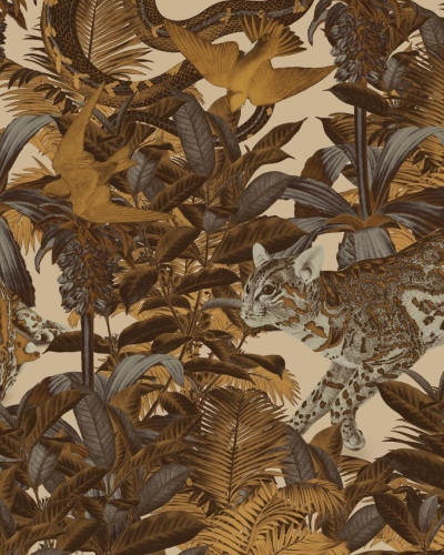 Tapet contemporan cu tematica exotica.  Imagine cu un leopard in mijlocul unei jungle luxuriante, cu palmieri inalti si pasari exotice.