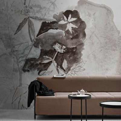 Wallpaper contemporan cu motive florale in tonuri de gri si maro.